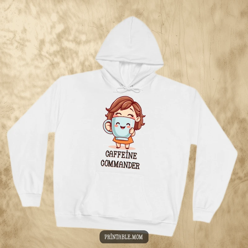 Funny hoodie featuring a smiling mom holding a giant coffee mug, perfect for cozy mornings.