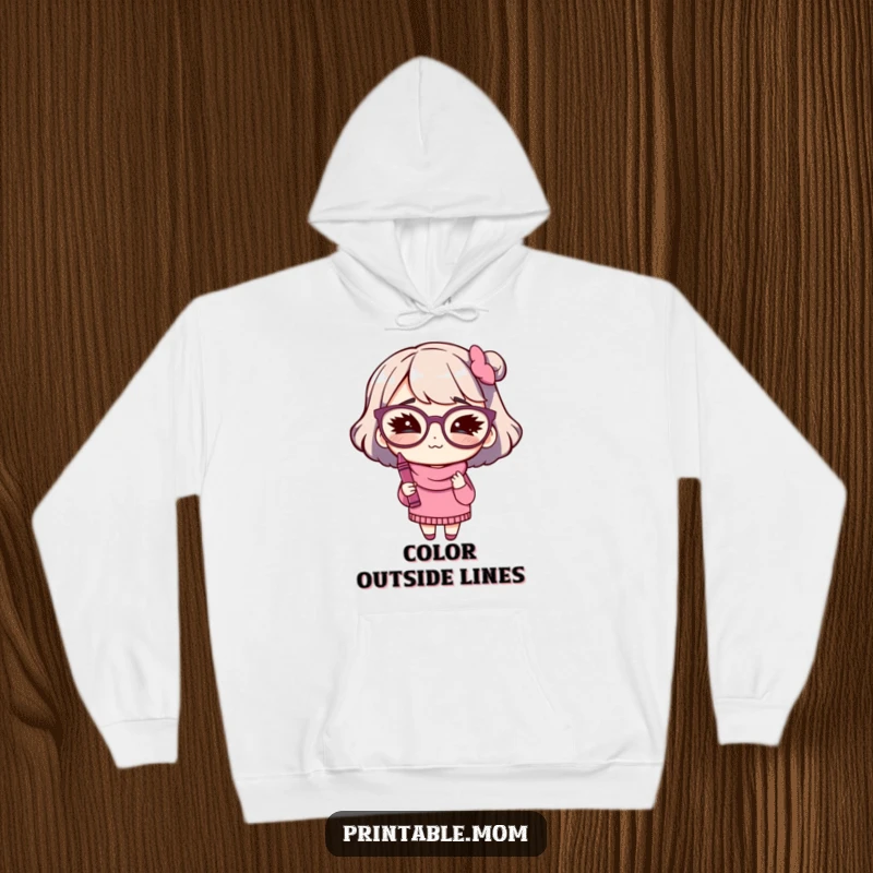 Funny hoodie featuring a mom character with big glasses winking while holding a crayon, great for artists.