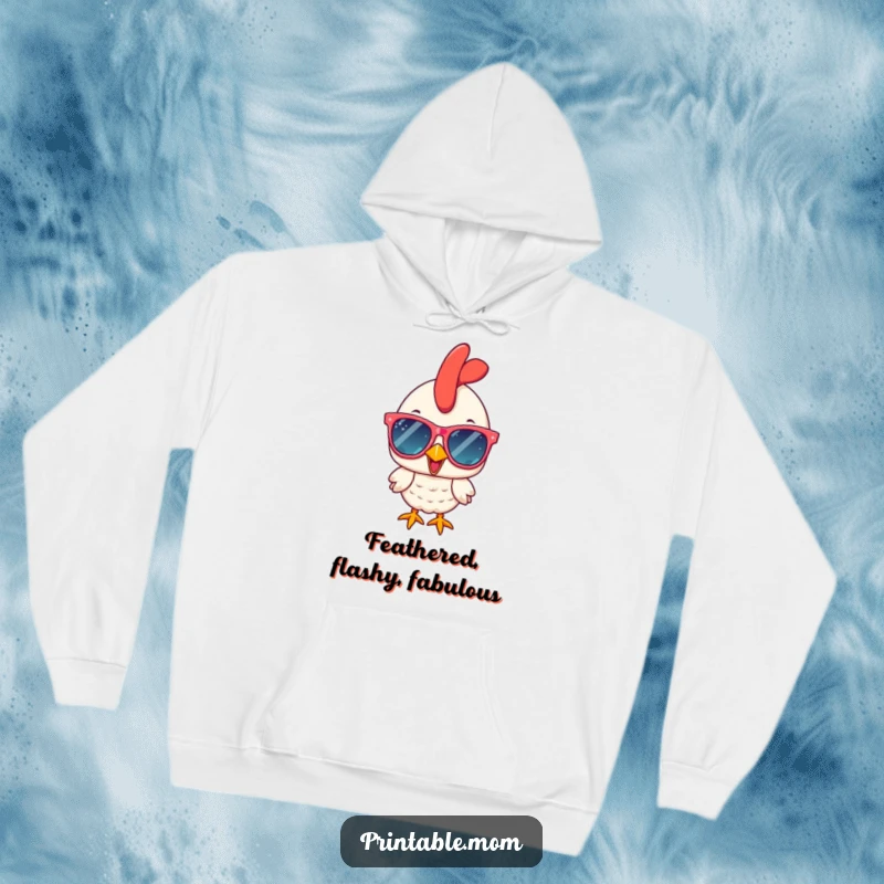 Funny chicken wearing large, shiny sunglasses with a cheerful expression, perfect for a cozy funny hoodie