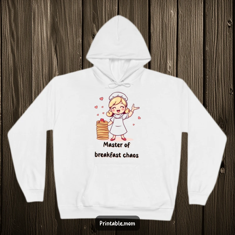 Funny hoodie depicting a bubbly, cheerful mom character skillfully juggling a tower of delicious pancakes, radiating positive energy and humor.