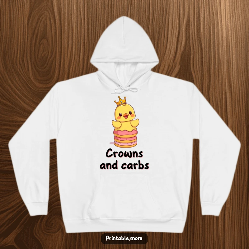 Funny hoodie showing a surprised rubber ducky with a tiny crown, balancing a tall stack of tempting donuts, perfect for cozy laughs.