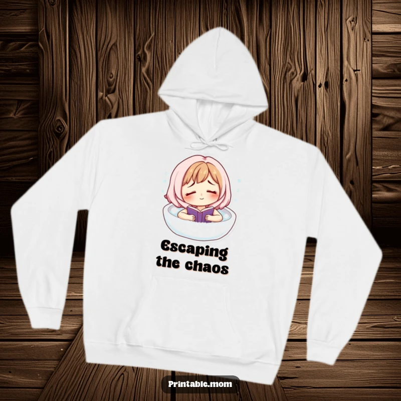Funny hoodie featuring a smiling, tired mom character blissfully floating in a bubble bath, holding a book.