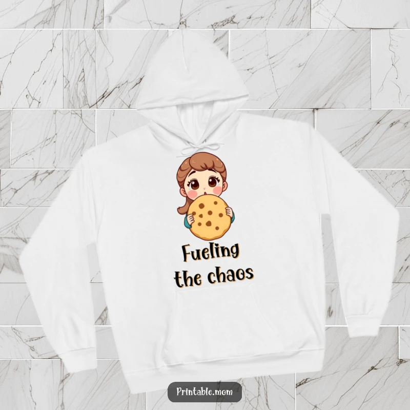 Funny mom hoodie showing a happy mom surprised by an enormous cookie, perfect for cozying up with a laugh.