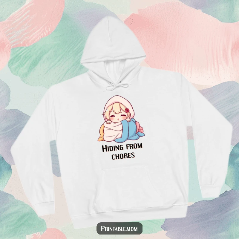 Funny Hoodie: Character peeking out from behind a pile of laundry with a wink, a warm and humorous hoodie for laundry lovers.