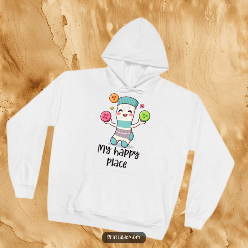 Funny hoodie with a smiling sock character juggling three colorful buttons, ideal for keeping warm and spreading cheer.