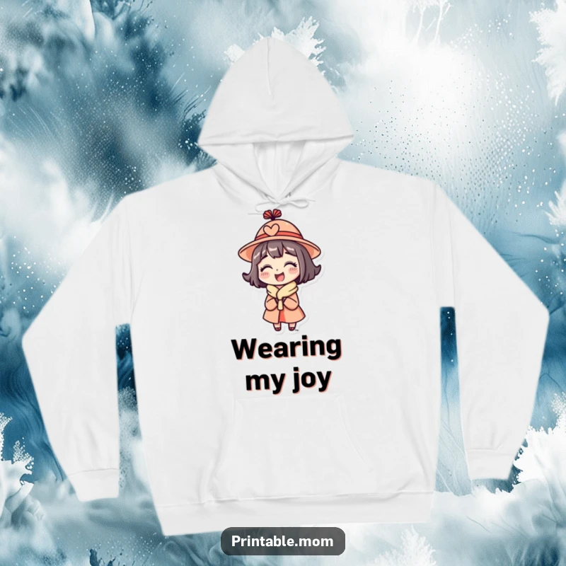 Funny Mom Hoodie featuring a mom character wearing a funny hat and looking delighted, perfect for cozy vibes.