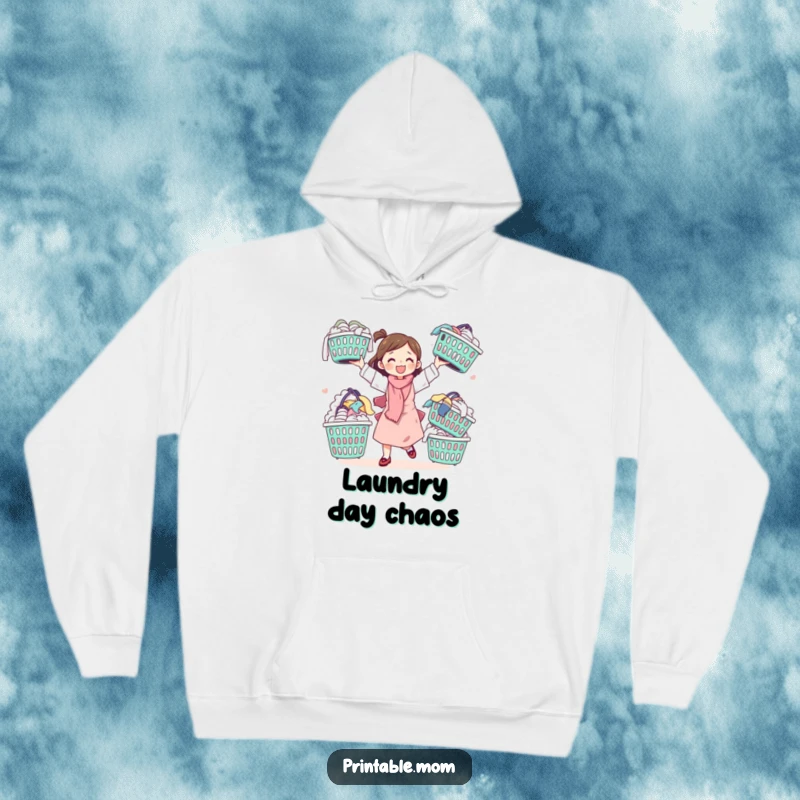 Funny hoodie with a cute mom juggling many overflowing laundry baskets, embodying the humorous struggle of managing household chores.