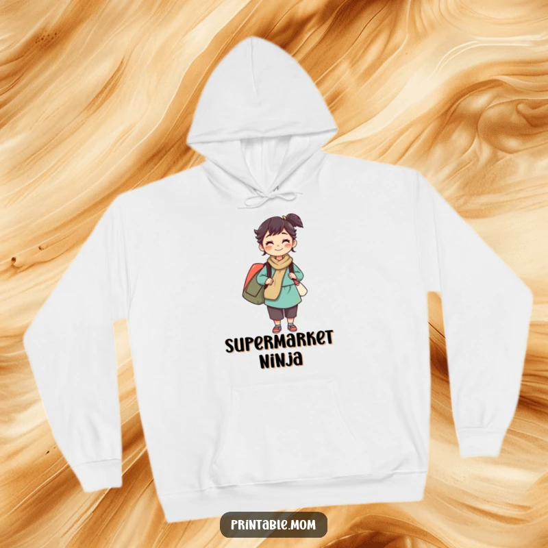 Funny hoodie featuring a mom character balancing multiple bags with determination, offering cozy comfort and a symbol of strength, a perfect gift.