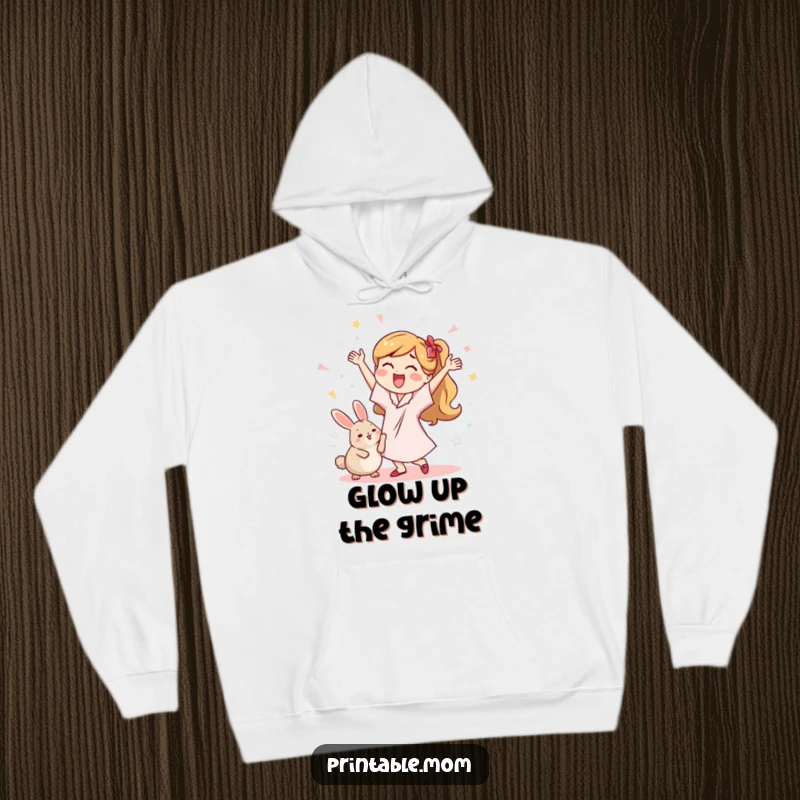 Funny hoodie depicting a mom in a celebratory dance with a dust bunny, offering cozy and humorous vibes.