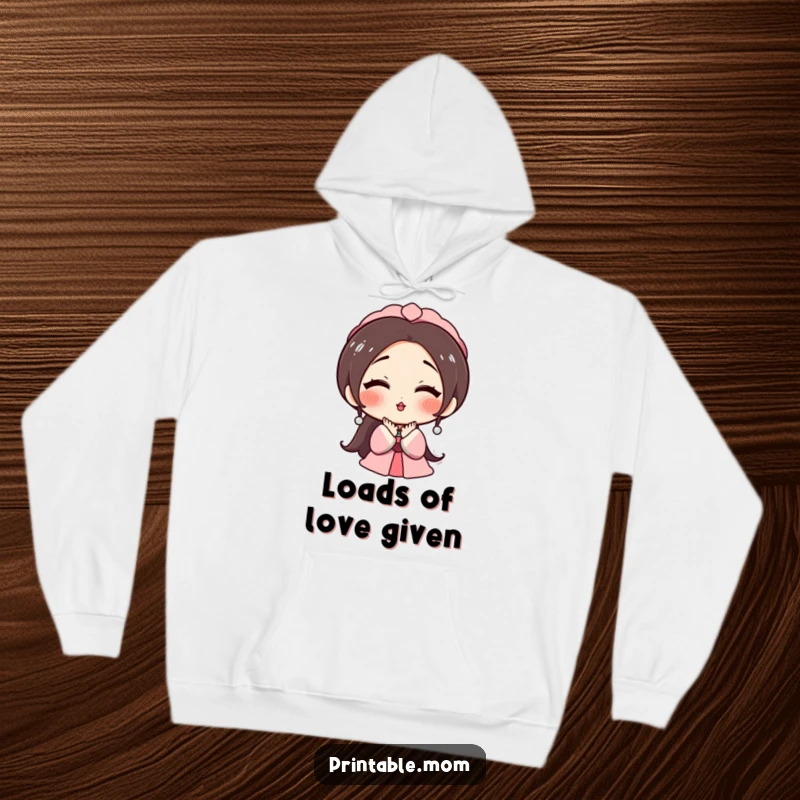 Funny hoodie featuring a rosy-cheeked mom character blowing a kiss, offering a warm embrace and humorous charm.
