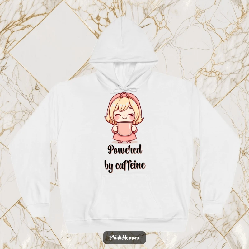 Funny Mom Hoodie featuring a mom character with a playful wink, holding a comforting steaming mug.