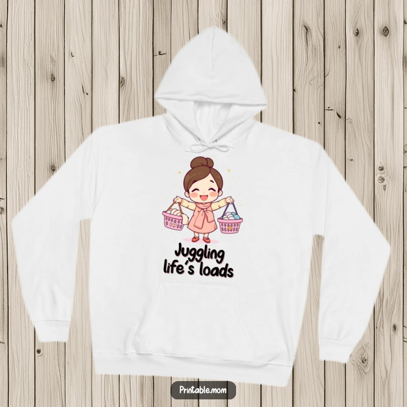 Funny hoodie showcasing a happy mom character energetically juggling laundry baskets, perfect for cozy relaxation after chores.