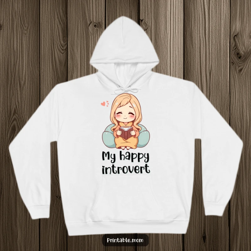 Funny hoodie print showing a mom character blissfully relaxing with a book and tea, embodying a peaceful, happy sigh.