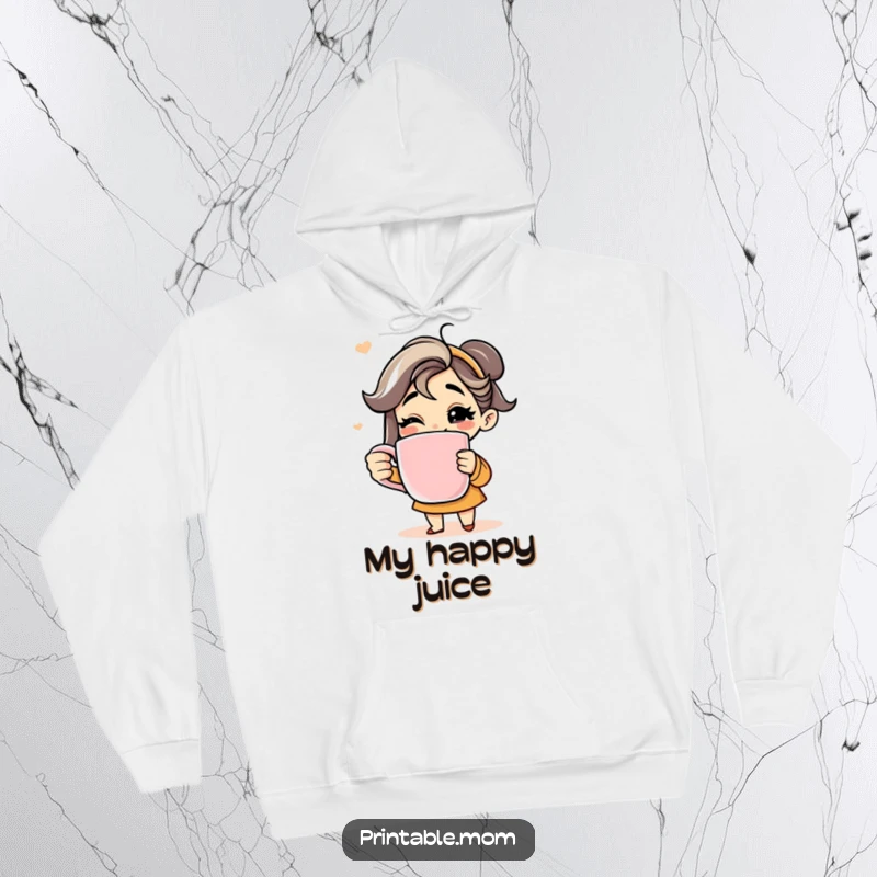 Funny hoodie with a happy mom character holding an extra-large coffee mug, her wide grin showing coffee satisfaction.