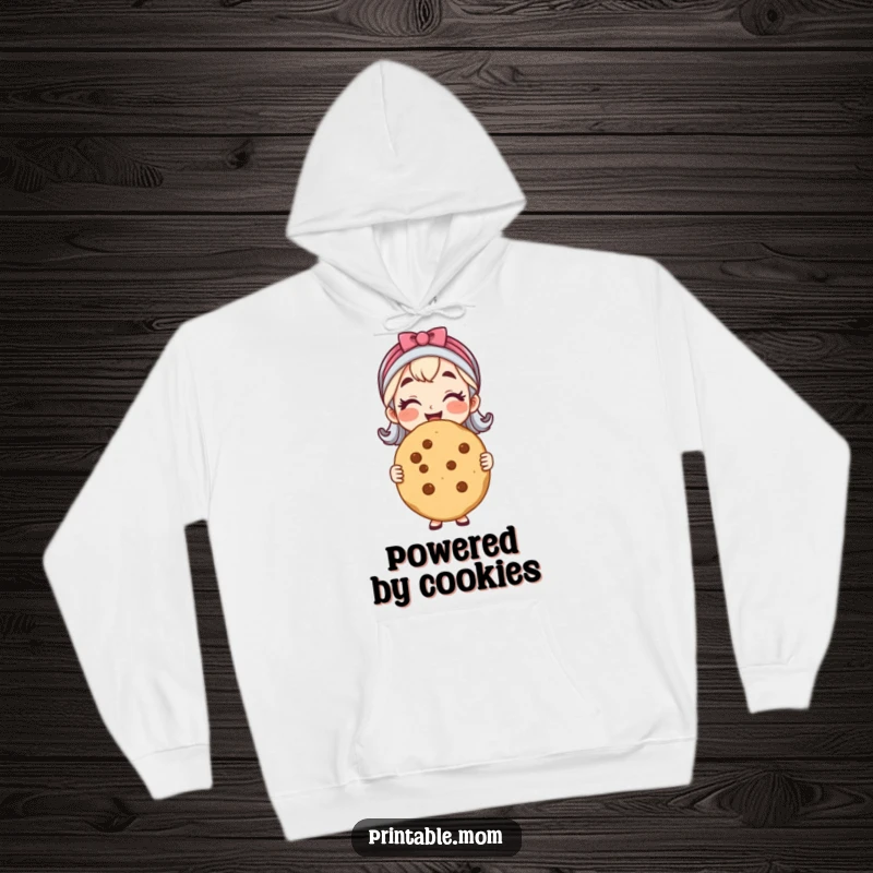 Funny hoodie featuring a cheerful mom presenting a huge, perfect cookie, radiating warmth and baking accomplishment.