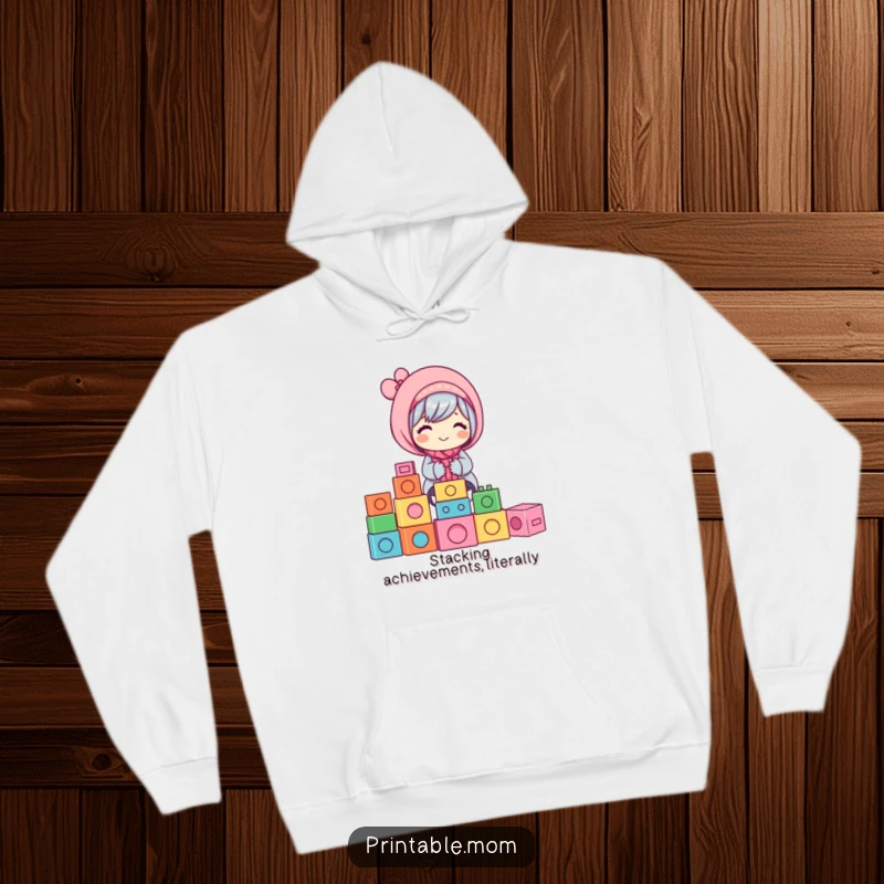 Funny Mom Hoodie: A happy mom character stacking colorful building blocks, a cozy and funny gift.