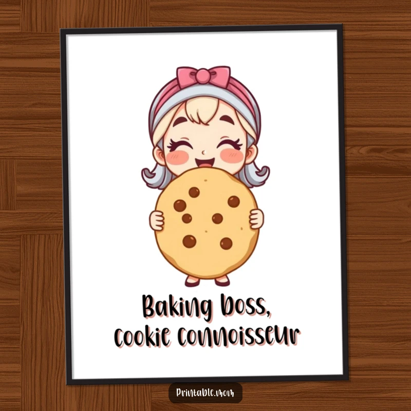 Funny Free Printable Wall Art featuring a cheerful mom holding a giant cookie, a delightful DIY gift.