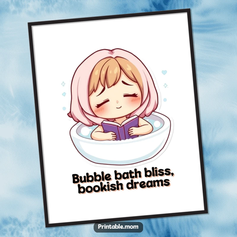 Funny Free Printable Wall Art: A tired but smiling mom character is floating peacefully in a bubbly bath, engrossed in a book.