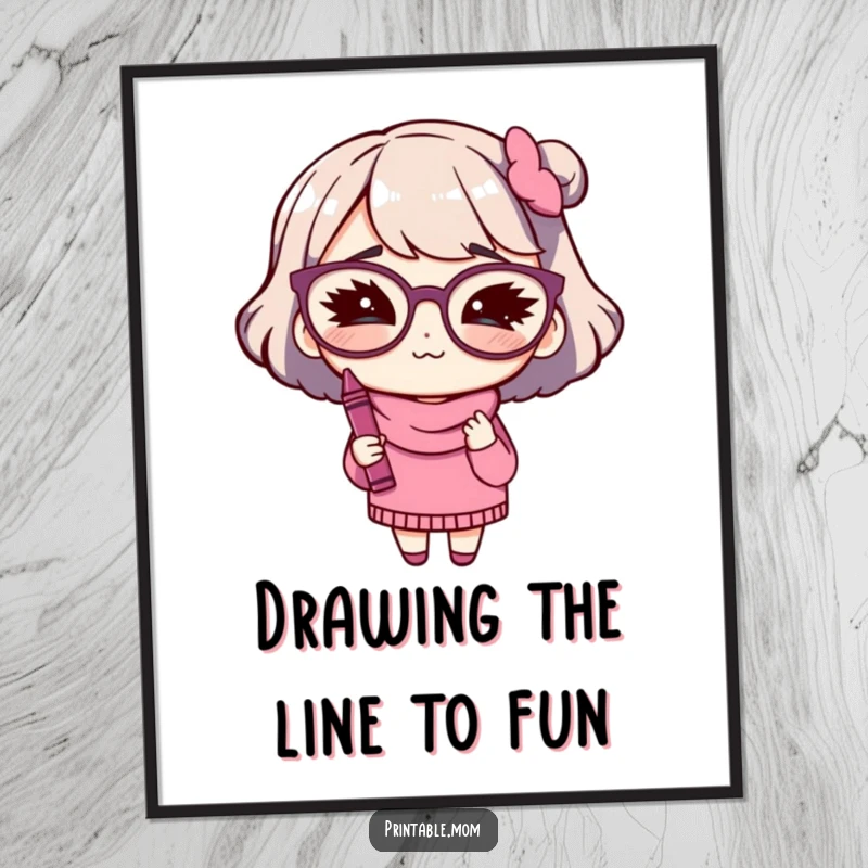 Funny Free Printable Wall Art featuring a mom with large glasses winking playfully while holding a vibrant crayon, embodying creativity.