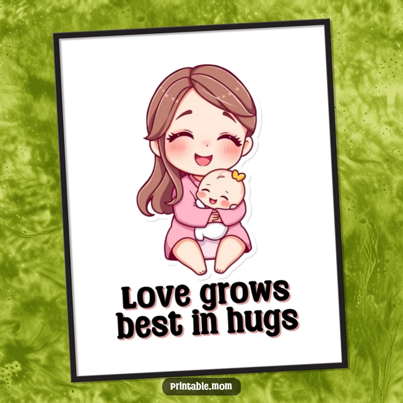 Funny Free Printable Wall Art: Mother character with a big smile hugging a tiny baby, full of love.