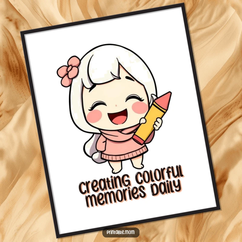 Funny Free Printable Wall Art: Cheerful mom character giggling joyfully while holding a large, colorful crayon.