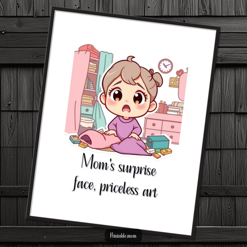 Funny free printable wall art of a mom character with wide, surprised eyes looking at a hilariously messy room.