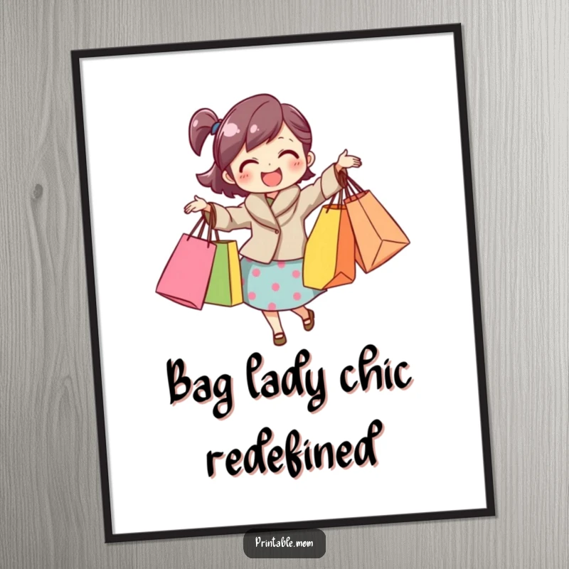 Funny Free Printable Wall Art: A mom with an excited expression, perfectly balancing a mountain of shopping bags.