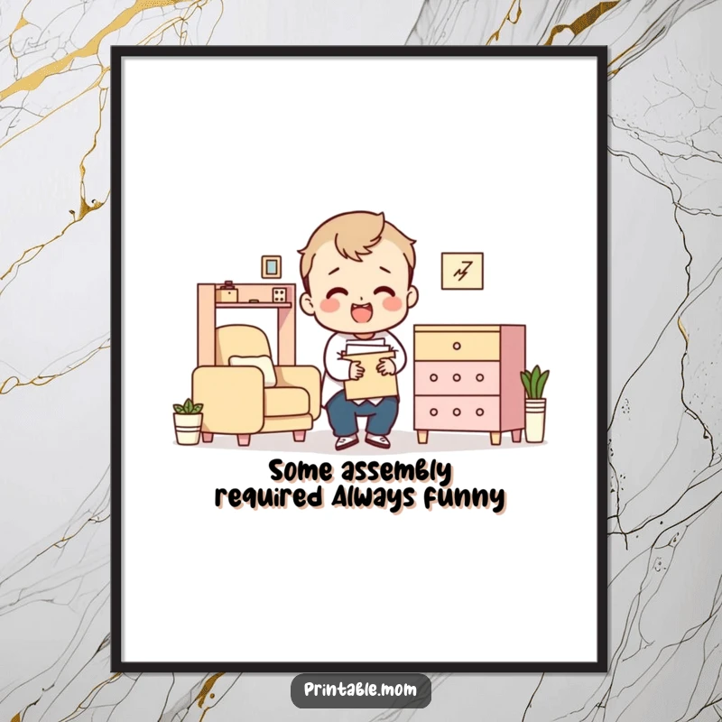 Funny Free Printable Wall Art: Character completely bewildered by chaotic flat-pack furniture assembly, tools scattered.