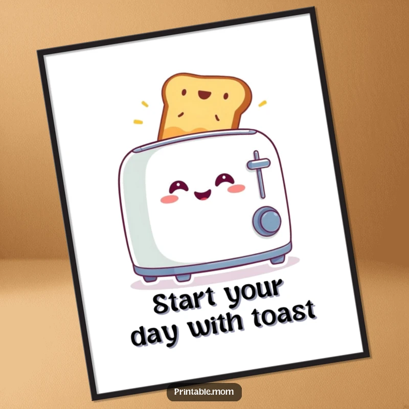 Funny Free Printable Wall Art: A smiling toaster with toast popping out in surprise.