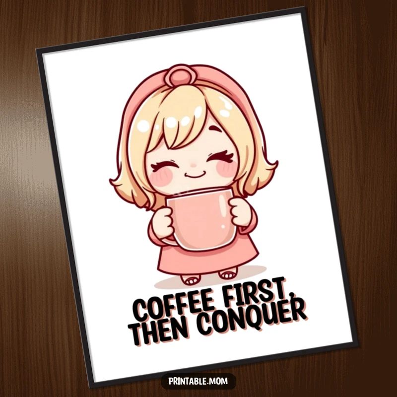 Free Printable Wall Art: A mom character with a playful wink, holding a steaming mug, adding cozy humor.