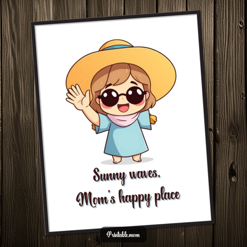 Funny Free Printable Wall Art of a mom in a stylish sun hat waving energetically, bringing a cheerful and welcoming vibe to any room.