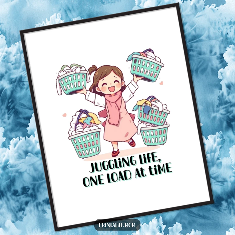 Funny Free Printable Mom Wall Art: A cute mom character joyfully juggles overflowing laundry baskets, a funny depiction of motherhood.