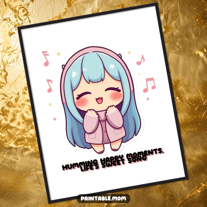 Funny Free Printable Wall Art: A mom character with eyes closed, humming a cheerful tune, delightful decor.