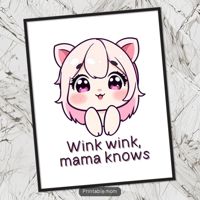 Funny Free Printable Wall Art: A mom character with sparkling eyes gives a mischievous, playful wink.