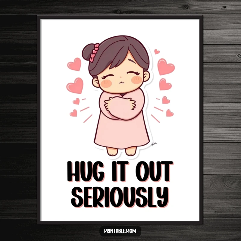 Funny Free Printable Wall Art: A loving mom character in a big hug with hearts floating outwards, symbolizing warmth and affection.