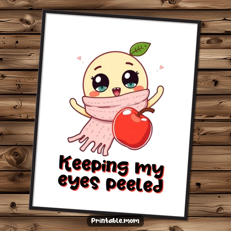 Funny Free Printable Wall Art: A knitted scarf with googly eyes animatedly waves at an apple.