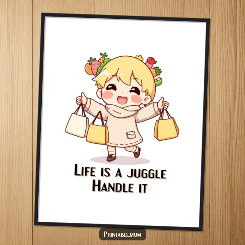 Funny Free Printable Wall Art: Character energetically juggling numerous grocery bags, a fun and quirky addition to any room.