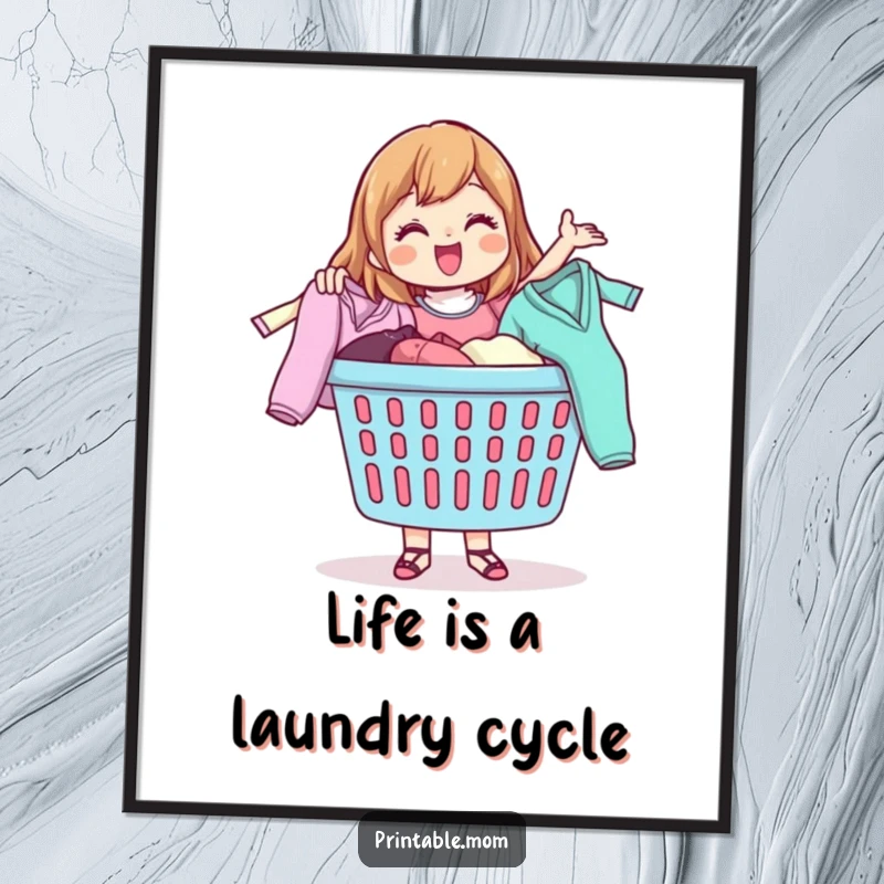 Funny Free Printable Wall Art: A mom character cheerfully tossing clothes from a laundry basket, perfect laundry room art.