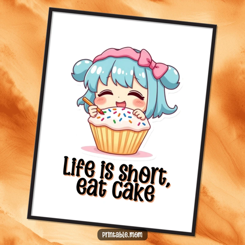 Funny Free Printable Wall Art: Character giggling with pure joy while decorating a cupcake with a vibrant explosion of sprinkles.