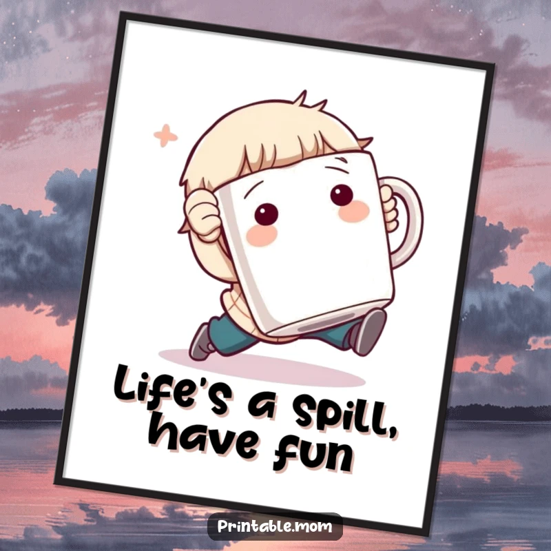 Funny Free Printable Wall Art: Character comically tripping with a massive coffee mug, a hilarious addition to any room decor.