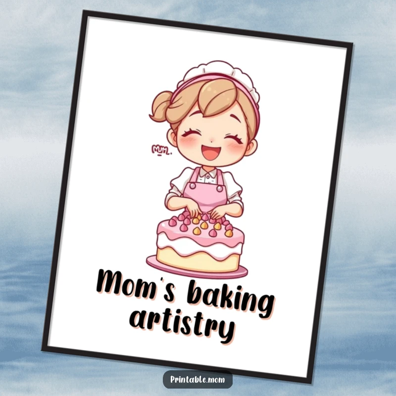 Free Printable Wall Art: Mom character in apron joyfully decorating a delicious cake.