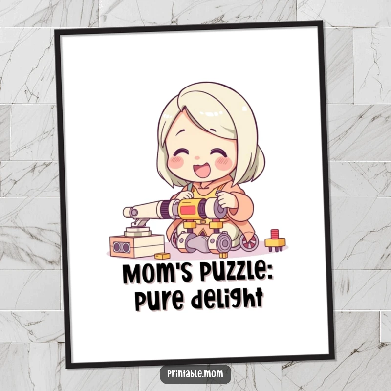 Funny Free Printable Wall Art: Giggling mom character finds pure delight while assembling a complicated toy, celebrating the process.
