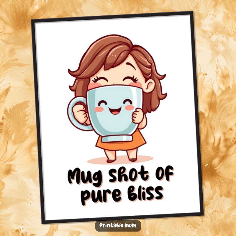 Funny Free Printable Wall Art featuring a smiling mom holding a giant coffee mug, embodying morning energy and humor.