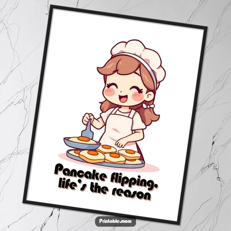 Funny Free Printable Wall Art of a cheerful mom in an apron skillfully flipping pancakes, bringing kitchen joy.