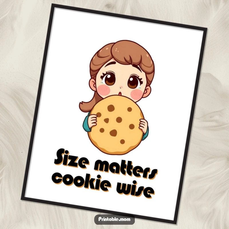 Funny Free Printable Wall Art: A mom with a shocked expression holding a cookie bigger than her head.