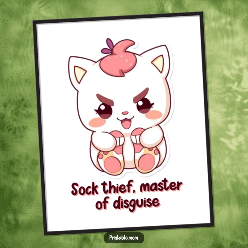 Funny Free Printable Wall Art of a character with a mischievous grin hiding tiny socks, a whimsical piece of downloadable art.