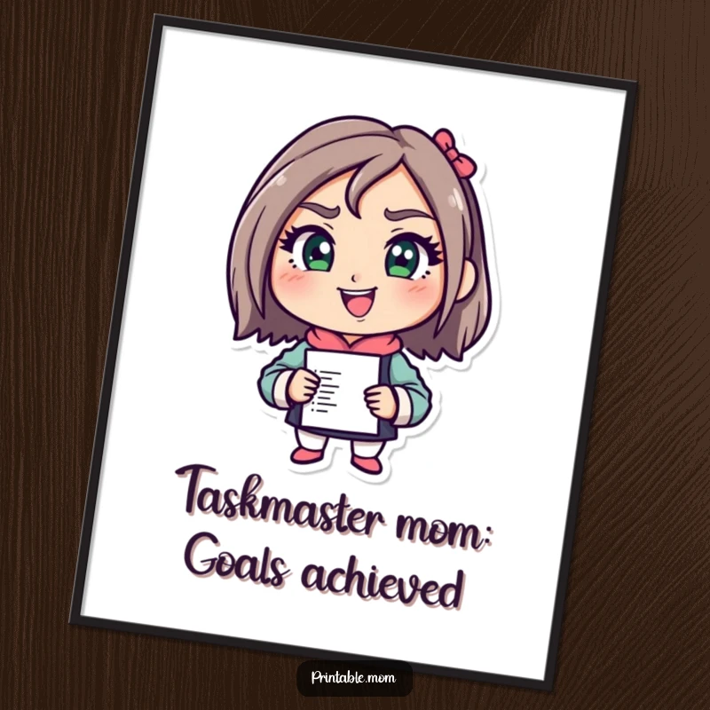 Funny Free Printable Wall Art: A mom character with a determined grin, energetically tackling a lengthy to-do list, promoting motivation.
