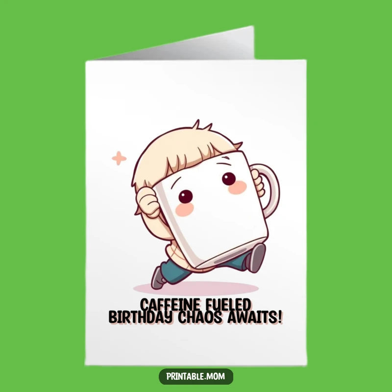 Free Printable Birthday Card: Funny Coffee Tripping Character Downloadable Gift