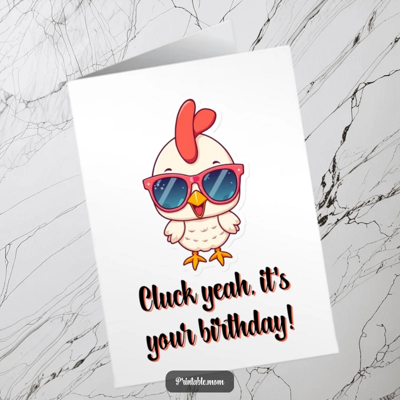 Funny Free Printable Birthday Card: Cheerful chicken with oversized sparkly sunglasses, radiating cool vibes, ready to party.