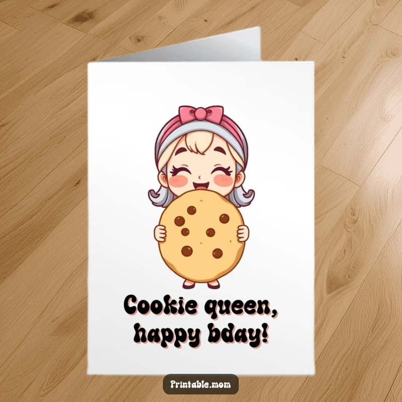 Free Printable Birthday Card featuring a cheerful mom holding a giant cookie, a sweet DIY gift.
